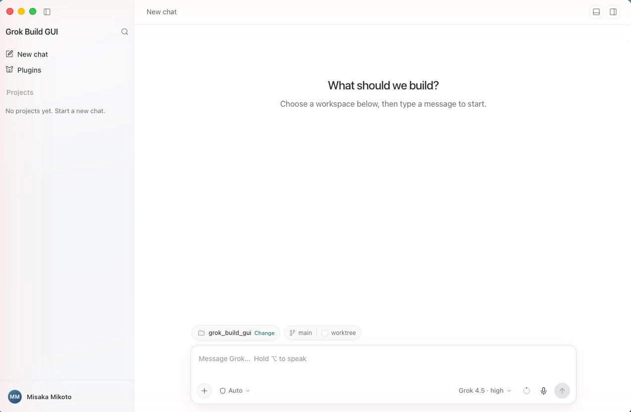 Grok Build GUI running on macOS, showing the session sidebar, the workspace and branch picker, and the message composer